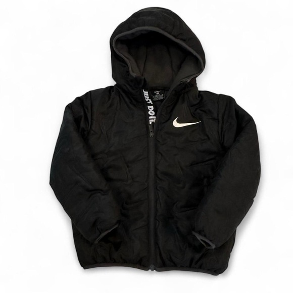 Nike Other - Kids Nike Hooded Puffer Jacket Boys 6M Black Full Zip Front Swoosh Logo 5-6 Year